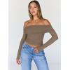 imageTrendy Queen Women Long Sleeve Shirts Off Shoulder Tops Going Out Crop Sexy Slim Fitted Y2K Fall Outfits 2025 Fashion ClothesCoffeegrey