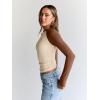 imageTrendy Queen Womens Long Sleeve Shirts Slim Fit Stretchy Color Block Slightly Cropped TopsBeige Brown Combo