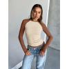 imageTrendy Queen Womens Long Sleeve Shirts Slim Fit Stretchy Color Block Slightly Cropped TopsBeige Brown Combo