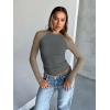 imageTrendy Queen Womens Long Sleeve Shirts Slim Fit Stretchy Color Block Slightly Cropped TopsCharcoal Mocha Combo