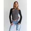 imageTrendy Queen Womens Long Sleeve Shirts Slim Fit Stretchy Color Block Slightly Cropped TopsGrey Black Combo