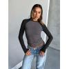 imageTrendy Queen Womens Long Sleeve Shirts Slim Fit Stretchy Color Block Slightly Cropped TopsGrey Black Combo