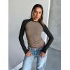 imageTrendy Queen Womens Long Sleeve Shirts Slim Fit Stretchy Color Block Slightly Cropped TopsMocha Black Combo