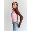 imageTrendy Queen Womens Long Sleeve Shirts Slim Fit Stretchy Color Block Slightly Cropped TopsPink Brown Combo