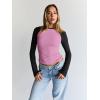 imageTrendy Queen Womens Long Sleeve Shirts Slim Fit Stretchy Color Block Slightly Cropped TopsRose Black Combo