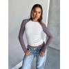 imageTrendy Queen Womens Long Sleeve Shirts Slim Fit Stretchy Color Block Slightly Cropped TopsWhite Mauve Combo