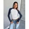 imageTrendy Queen Womens Long Sleeve Shirts Slim Fit Stretchy Color Block Slightly Cropped TopsWhite Navy Combo