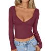 imageTrendy Queen Womens Tops Trendy Fashion Clothes Going Out Long Sleeve Shirts V Neck Basic Y2K Cute Shirt Slim Fitted CorsetWine Red