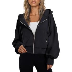 imageTrendy Queen Hoodies for Women Full Zip Up Cropped Sweatshirts Jackets Casual Comfy Gym Tops Fall Outfits Winter Clothes 2024Black