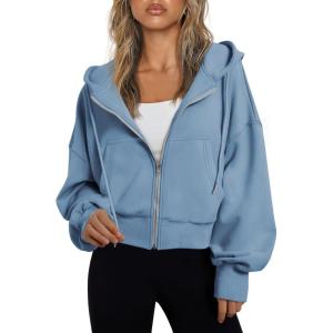 imageTrendy Queen Hoodies for Women Full Zip Up Cropped Sweatshirts Jackets Casual Comfy Gym Tops Fall Outfits Winter Clothes 2024Blue