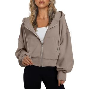 imageTrendy Queen Hoodies for Women Full Zip Up Cropped Sweatshirts Jackets Casual Comfy Gym Tops Fall Outfits Winter Clothes 2024Coffegrey
