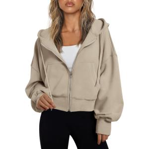 imageTrendy Queen Hoodies for Women Full Zip Up Cropped Sweatshirts Jackets Casual Comfy Gym Tops Fall Outfits Winter Clothes 2024Khaki