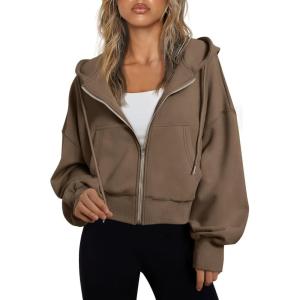 imageTrendy Queen Hoodies for Women Full Zip Up Cropped Sweatshirts Jackets Casual Comfy Gym Tops Fall Outfits Winter Clothes 2024Lightcoffee
