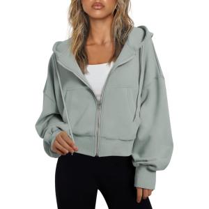 imageTrendy Queen Hoodies for Women Full Zip Up Cropped Sweatshirts Jackets Casual Comfy Gym Tops Fall Outfits Winter Clothes 2024Lightgreen