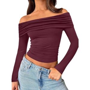 imageTrendy Queen Women Long Sleeve Shirts Off Shoulder Tops Going Out Crop Sexy Slim Fitted Y2K Fall Outfits 2025 Fashion ClothesBurgundy