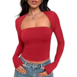 imageTrendy Queen Womens Going Out Tops Long Sleeve Shirts Shrug Tube Crop Top Basic Cute 2025 Fashion Clothes SeparatelyRed