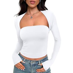 imageTrendy Queen Womens Going Out Tops Long Sleeve Shirts Shrug Tube Crop Top Basic Cute 2025 Fashion Clothes SeparatelyWhite