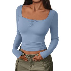 imageTrendy Queen Womens Going Out Tops Long Sleeve Top Trendy Cute Shirt Y2k Clothing Fall Fashion Clothes 2025Blue Gray