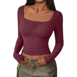 imageTrendy Queen Womens Going Out Tops Long Sleeve Top Trendy Cute Shirt Y2k Clothing Fall Fashion Clothes 2025Wine Red