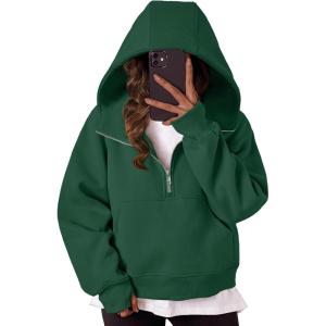 imageTrendy Queen Womens Hoodies Quarter Zip Pullover Oversized Sweatshirts Half Zip Pullover With Pockets Fall ClothesDarkgreen