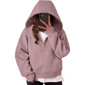 imageTrendy Queen Womens Hoodies Quarter Zip Pullover Oversized Sweatshirts Half Zip Pullover With Pockets Fall ClothesDarkpink
