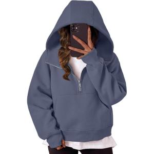 imageTrendy Queen Womens Hoodies Quarter Zip Pullover Oversized Sweatshirts Half Zip Pullover With Pockets Fall ClothesGreyblue