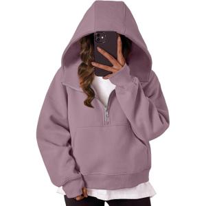 imageTrendy Queen Womens Hoodies Quarter Zip Pullover Oversized Sweatshirts Half Zip Pullover With Pockets Fall ClothesNutmeg