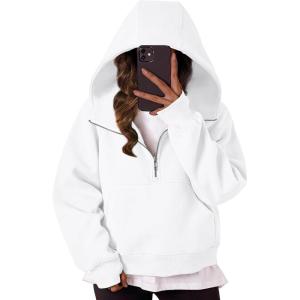 imageTrendy Queen Womens Hoodies Quarter Zip Pullover Oversized Sweatshirts Half Zip Pullover With Pockets Fall ClothesWhite