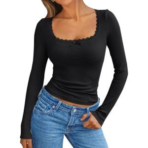 imageTrendy Queen Womens Long Sleeve Shirts Crop Square Neck Ribbed Tops Basic Slim Fit Y2K Fall Winter Clothes Outfits 2025Black