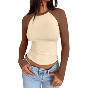 imageTrendy Queen Womens Long Sleeve Shirts Slim Fit Stretchy Color Block Slightly Cropped TopsBeige Brown Combo