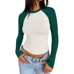 imageTrendy Queen Womens Long Sleeve Shirts Slim Fit Stretchy Color Block Slightly Cropped TopsBeige Emerald Combo