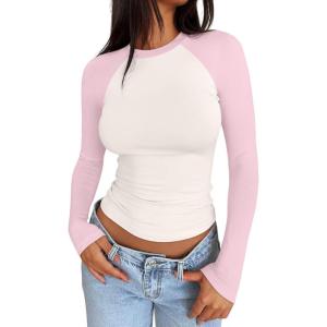 imageTrendy Queen Womens Long Sleeve Shirts Slim Fit Stretchy Color Block Slightly Cropped TopsBeige Pink Combo