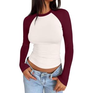 imageTrendy Queen Womens Long Sleeve Shirts Slim Fit Stretchy Color Block Slightly Cropped TopsBeige Ruby Combo