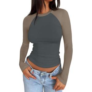 imageTrendy Queen Womens Long Sleeve Shirts Slim Fit Stretchy Color Block Slightly Cropped TopsCharcoal Mocha Combo