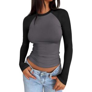 imageTrendy Queen Womens Long Sleeve Shirts Slim Fit Stretchy Color Block Slightly Cropped TopsGrey Black Combo