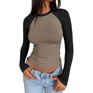 imageTrendy Queen Womens Long Sleeve Shirts Slim Fit Stretchy Color Block Slightly Cropped TopsMocha Black Combo