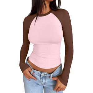 imageTrendy Queen Womens Long Sleeve Shirts Slim Fit Stretchy Color Block Slightly Cropped TopsPink Brown Combo