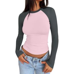imageTrendy Queen Womens Long Sleeve Shirts Slim Fit Stretchy Color Block Slightly Cropped TopsPink Charcoal Combo