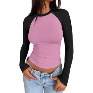 imageTrendy Queen Womens Long Sleeve Shirts Slim Fit Stretchy Color Block Slightly Cropped TopsRose Black Combo