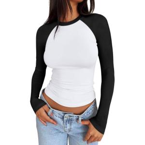 imageTrendy Queen Womens Long Sleeve Shirts Slim Fit Stretchy Color Block Slightly Cropped TopsWhite Black Combo