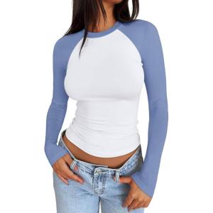 imageTrendy Queen Womens Long Sleeve Shirts Slim Fit Stretchy Color Block Slightly Cropped TopsWhite Blue Combo
