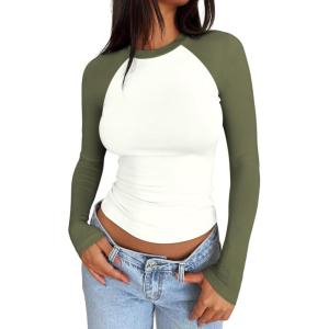 imageTrendy Queen Womens Long Sleeve Shirts Slim Fit Stretchy Color Block Slightly Cropped TopsWhite Green Combo
