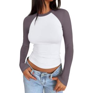 imageTrendy Queen Womens Long Sleeve Shirts Slim Fit Stretchy Color Block Slightly Cropped TopsWhite Mauve Combo