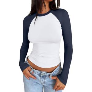 imageTrendy Queen Womens Long Sleeve Shirts Slim Fit Stretchy Color Block Slightly Cropped TopsWhite Navy Combo