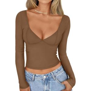 imageTrendy Queen Womens Tops Trendy Fashion Clothes Going Out Long Sleeve Shirts V Neck Basic Y2K Cute Shirt Slim Fitted CorsetCoffee