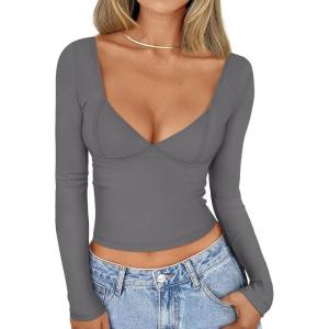 imageTrendy Queen Womens Tops Trendy Fashion Clothes Going Out Long Sleeve Shirts V Neck Basic Y2K Cute Shirt Slim Fitted CorsetGrey