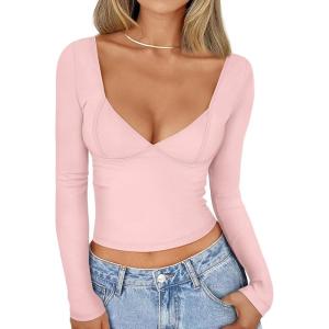 imageTrendy Queen Womens Tops Trendy Fashion Clothes Going Out Long Sleeve Shirts V Neck Basic Y2K Cute Shirt Slim Fitted CorsetPink