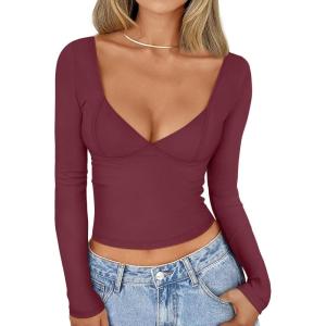 imageTrendy Queen Womens Tops Trendy Fashion Clothes Going Out Long Sleeve Shirts V Neck Basic Y2K Cute Shirt Slim Fitted CorsetWine Red