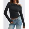 imageTrendy Queen Womens Off The Shoulder Ruched Crop Tops Long Sleeve Shirts Going Out Y2k Fall Winter Clothes Black M