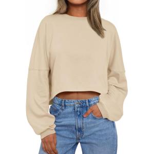 imageTrendy Queen Cropped Sweatshirts for Women Oversized Crewneck Sweaters Long Sleeve Tops Fall Winter Clothes 2024Apricot
